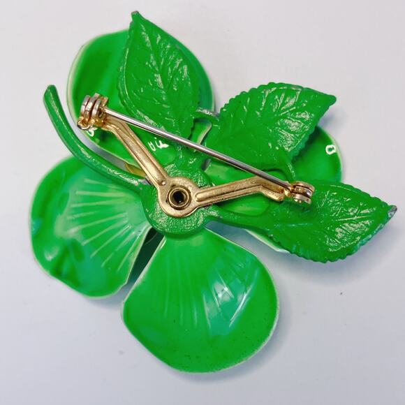 Vintage 1960s Green Enamel Flower Brooch Layered Leaves Mod Mid Century Pin - Picture 10 of 10